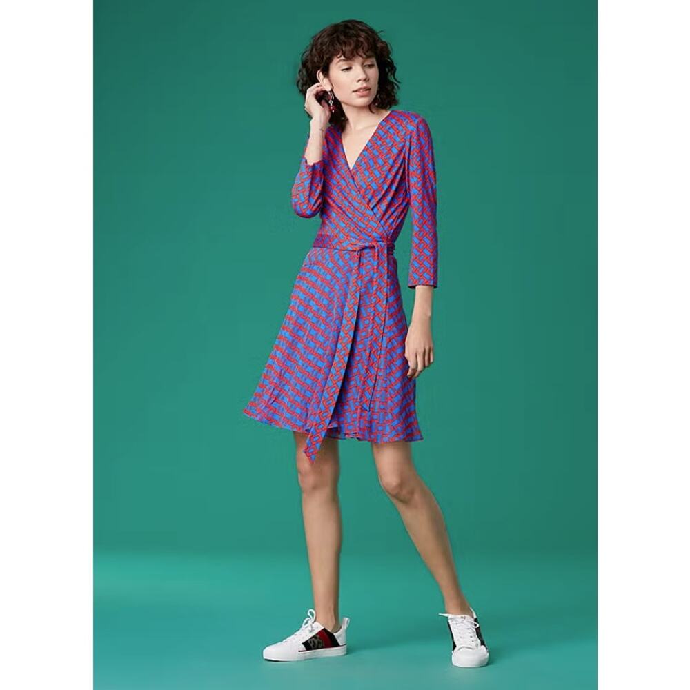 DVF Red Blue Irina Silk Jersey Block Chainlink Chain Mixed Print Wrap Dress 8